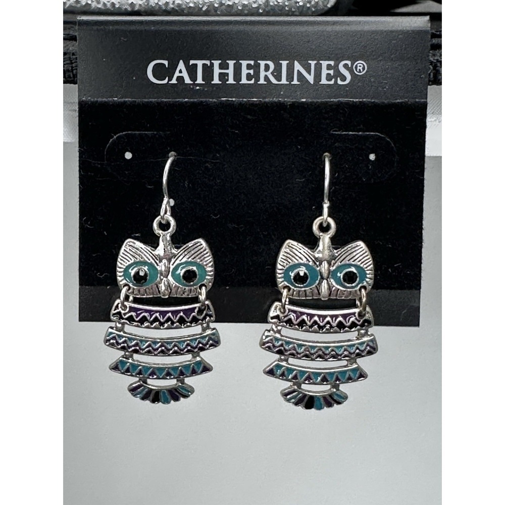 Catherines Owl Dangle Earrings Silver Tone Green & Purple Enamel Fish Hook Boho